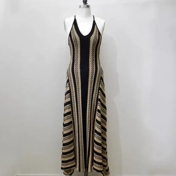 BEST REISS Annie Stripe Crochet-Knit Tie-Back Maxi Dress XS/S/M Black/Neutral - Picture 7 of 13